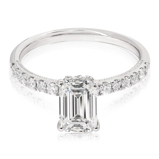 1 1/2 CT CENTER EMERALD CUT H-HALO LAB GROWN ENGAGEMENT RING
